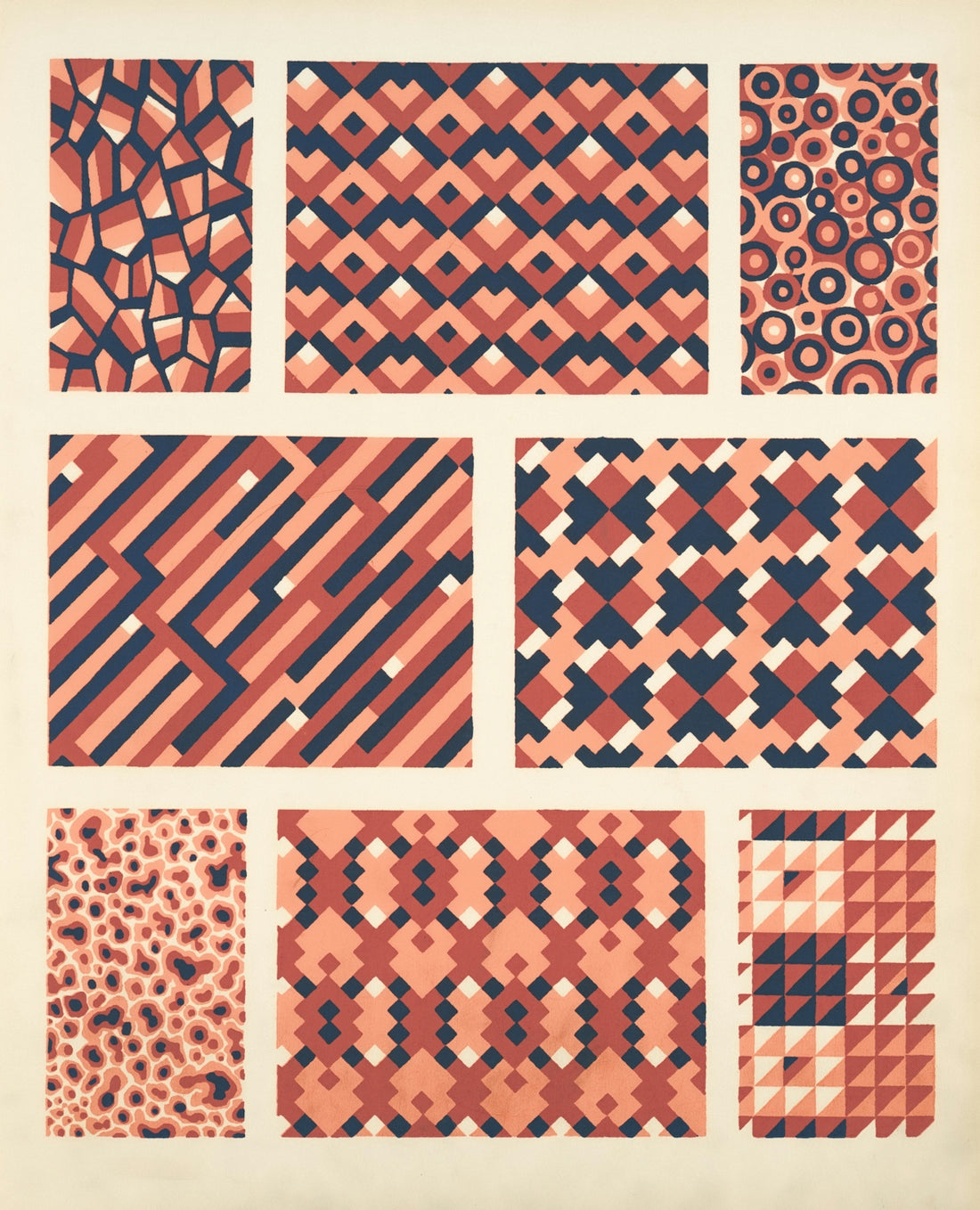 Eight abstract geometric patterns in coral and navy.