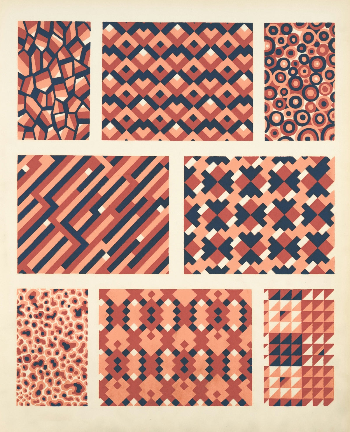 Eight abstract geometric patterns in coral and navy.