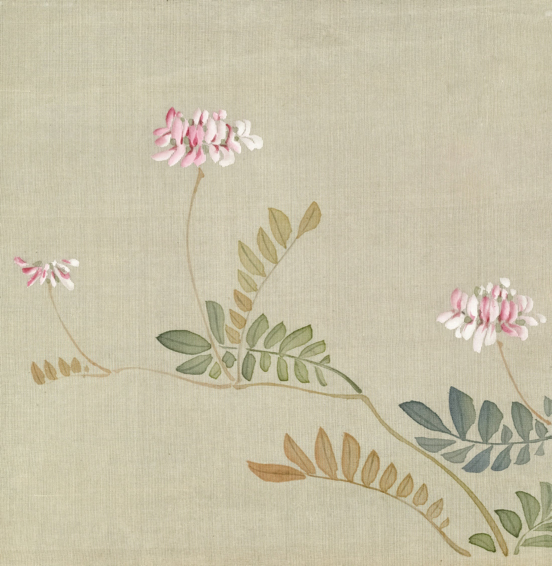 Delicate pink flowers and green leaves on beige background