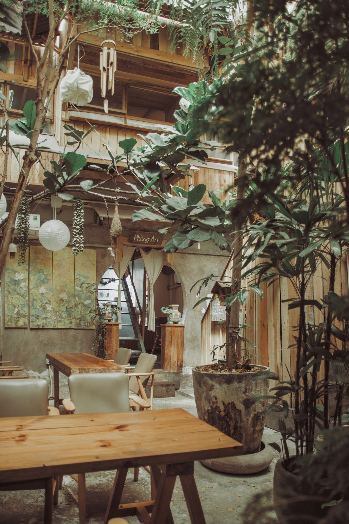 Cozy cafe interior with wooden tables and lush plants